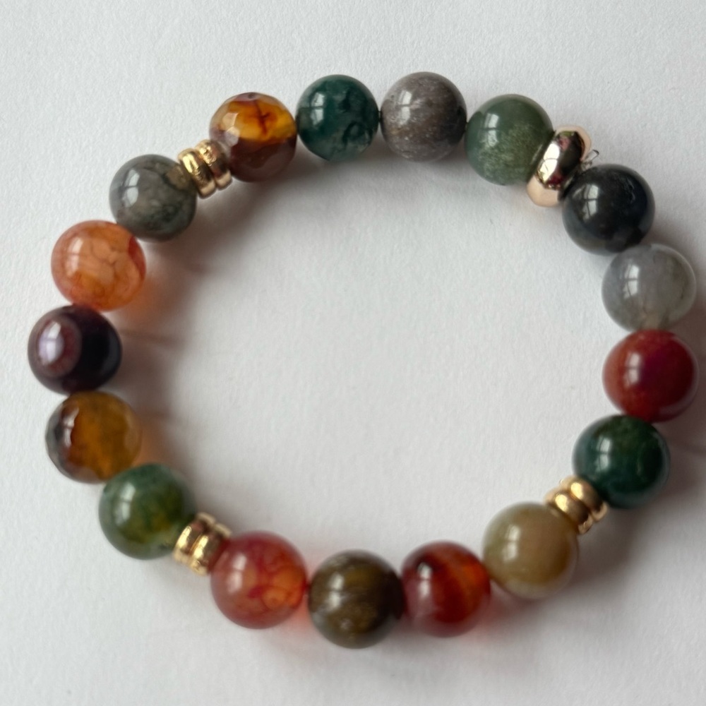 Red and Green Beaded Bracelet with Gold Accents